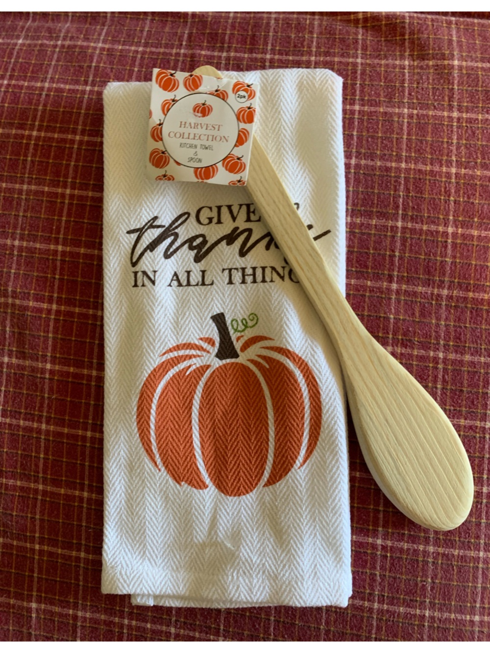 NWT Harvest Collection Pumpkin Tea Towel & Wooden Spoon Set